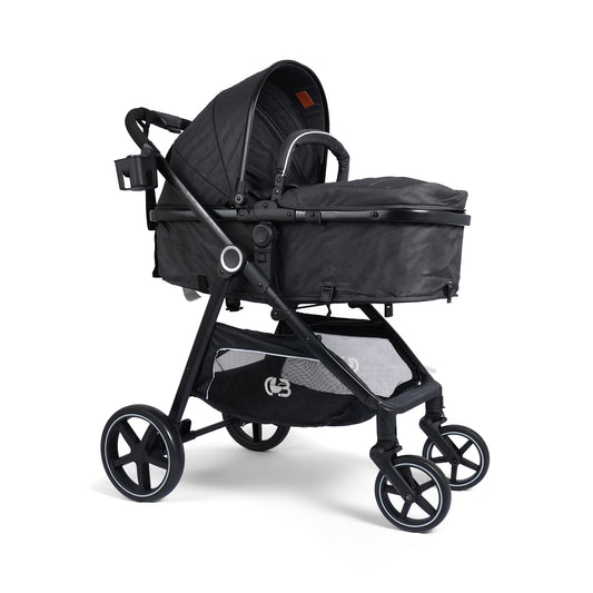 Valor 4 in 1 Pram Stroller with Car Seat (GREY) - Travel Friendly, Reversible, Easy To Fold, Wheel Lock, Storage Pouch, Canopy, Car Seat