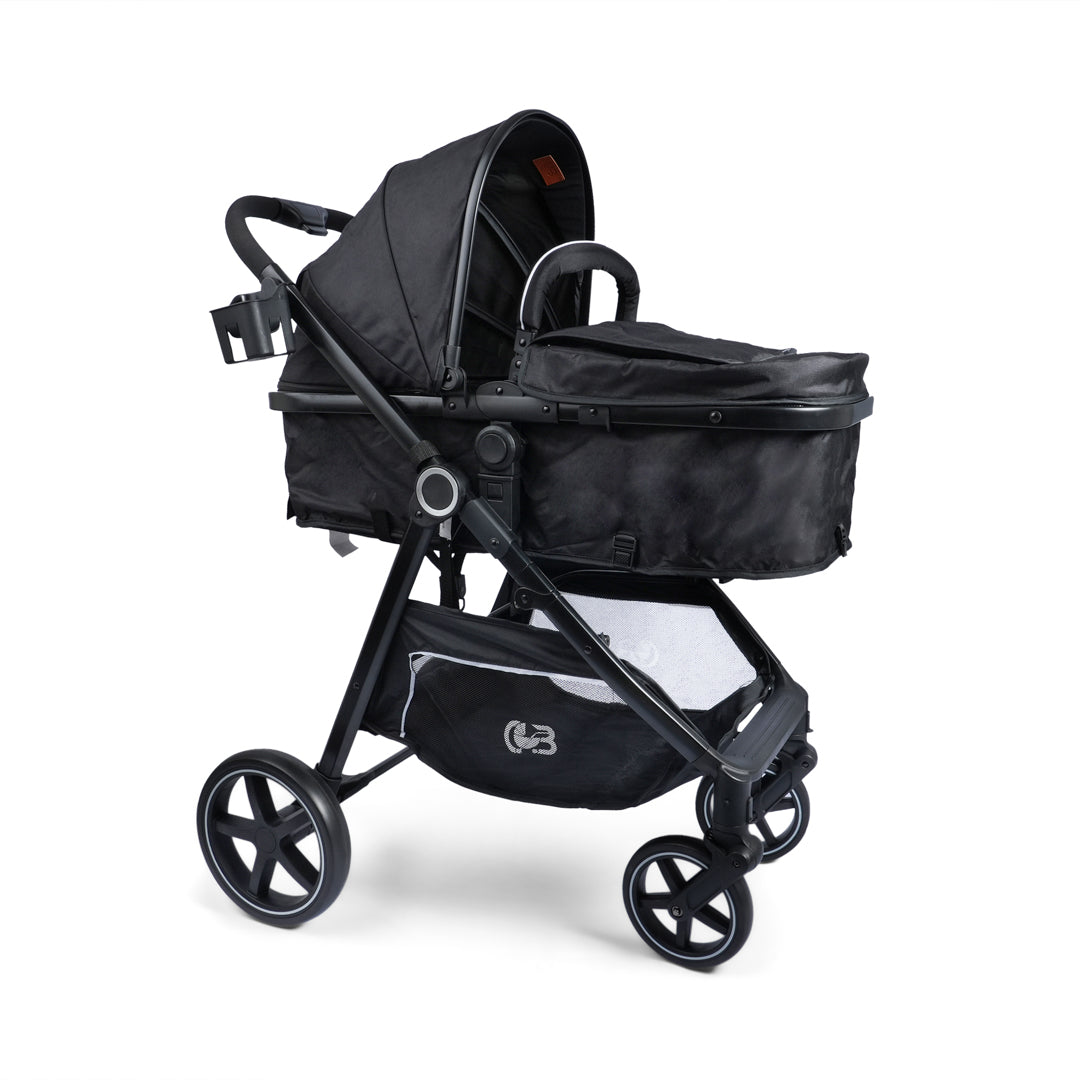 Valor 4 in 1 Pram Stroller with Car Seat (BLACK) - Travel Friendly, Reversible, Easy To Fold, Wheel Lock, Storage Pouch, Canopy, Car Seat